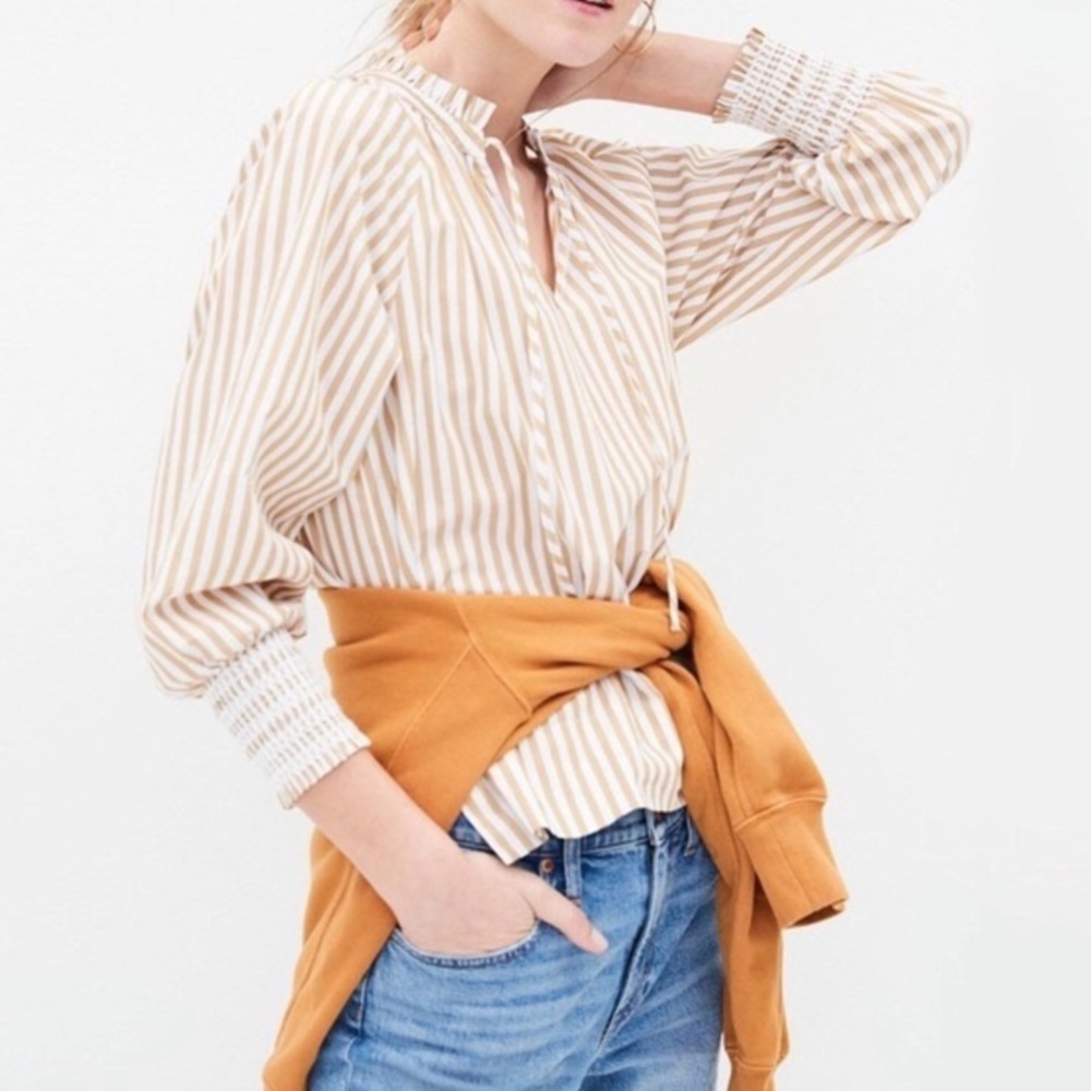 J.CREW Tan & White Striped Blouse